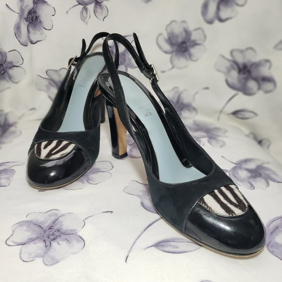 Lambertson Truex Suede /patent leather Cap Toe Slingback Heels Women US7.5 EU38 - Picture 3 of 13